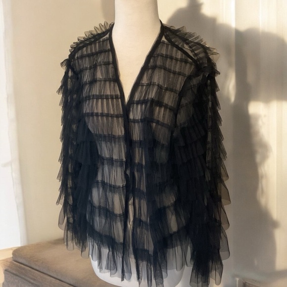 W.A.Y. Wonderful & Young Black Ruffled Netting Open Front Unlined Jacket L NWOT - Picture 2 of 11
